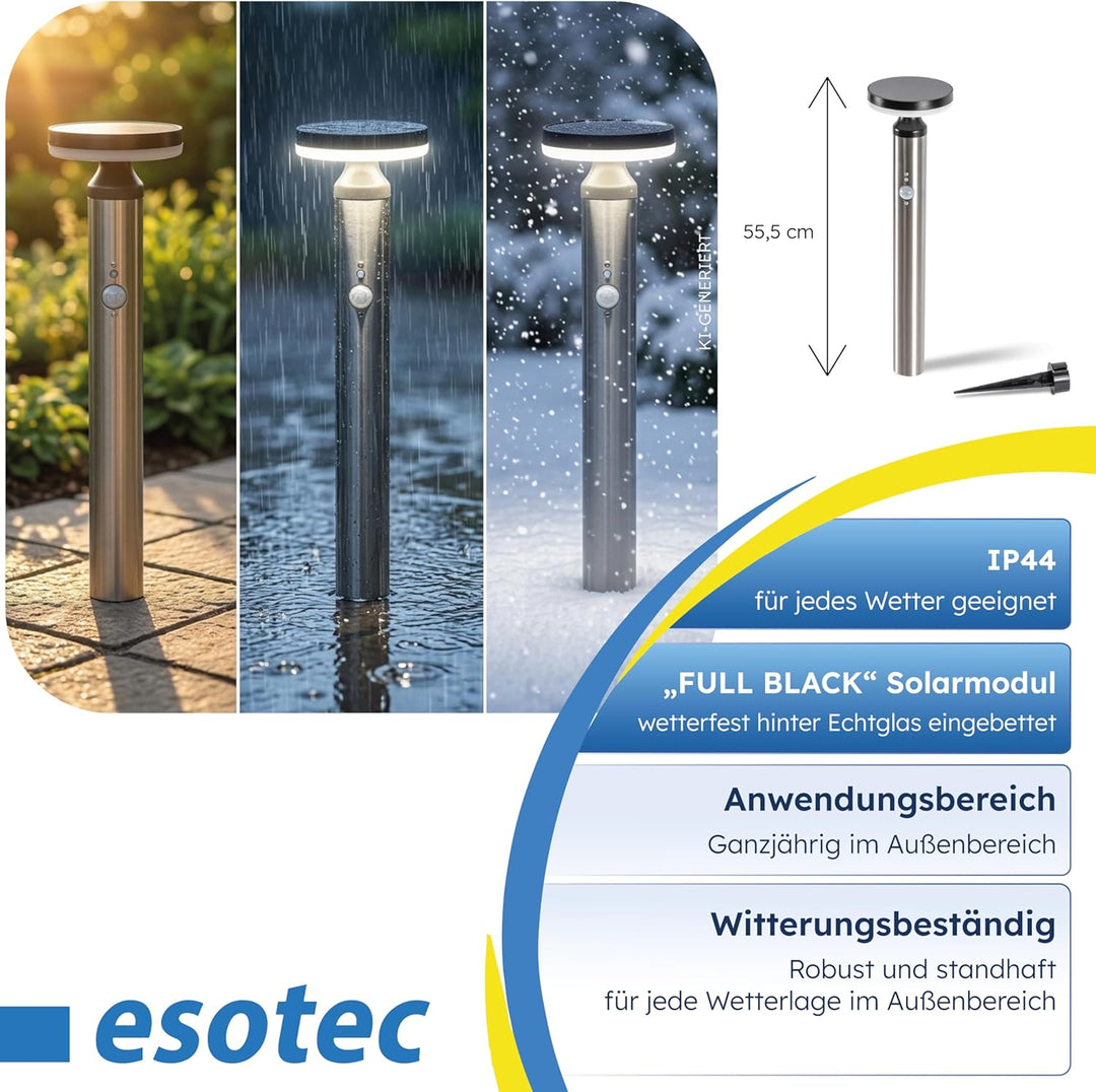 esotec Solar Gartenbeleuchtung Aussenlampe mit Bewegungsmelder Cortona, H=45cm, Edelstahl Solarleuch