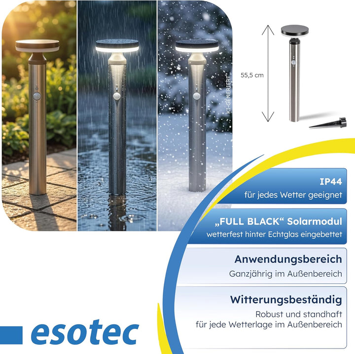esotec Solar Gartenbeleuchtung Aussenlampe mit Bewegungsmelder Cortona, H=45cm, Edelstahl Solarleuch