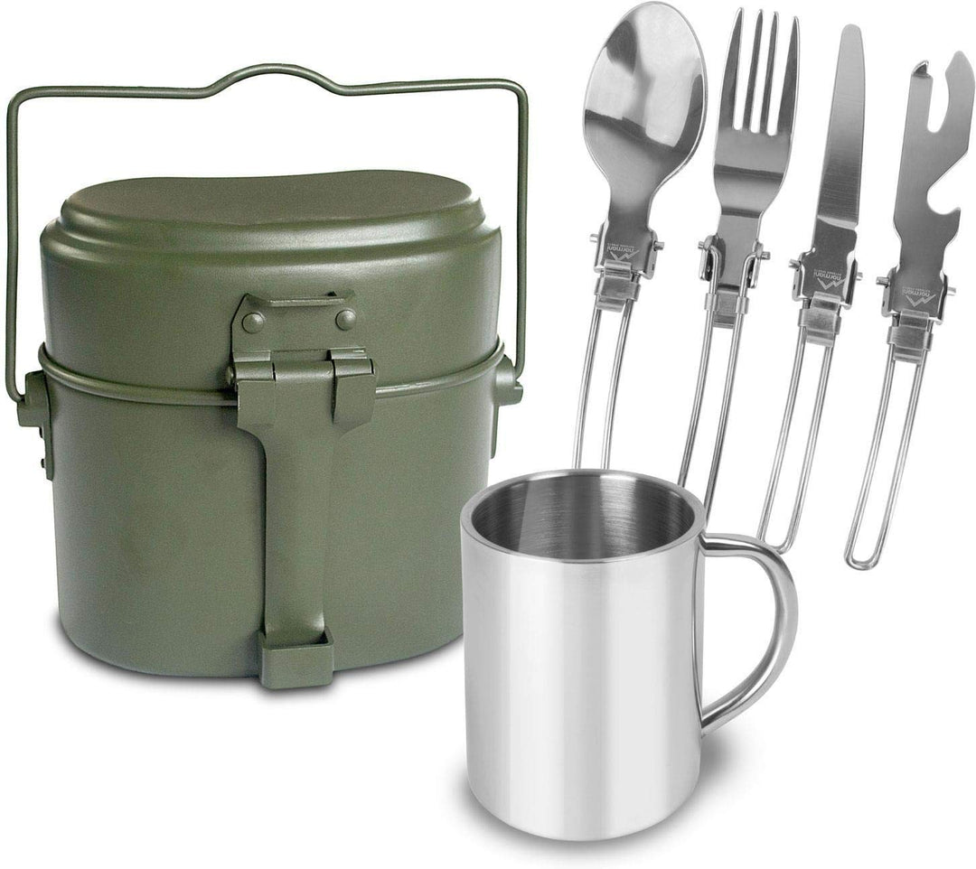 Outdoor Essgeschirr-Set bestehend aus Edelstahl Besteck, Tasse und BW Kochgeschirr Oliv Mehrteilig,