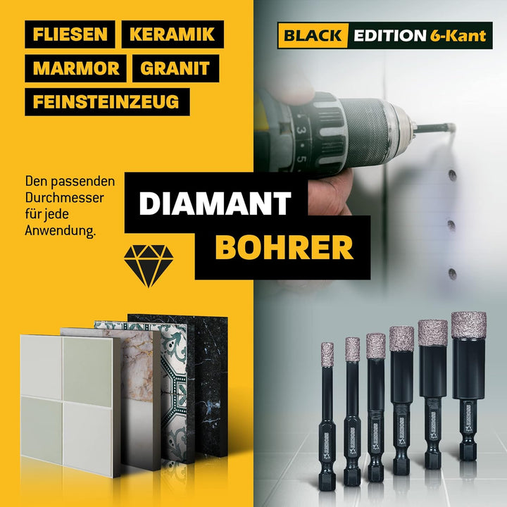 Fliesenbohrer Ø 14 mm/Sechskant Aufnahme - Amboss Black Edition Diamantbohrer - Fliesen/Feinsteinzeu