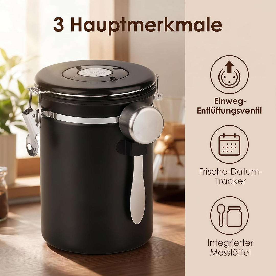 Kaffeedose Luftdicht 2,8 L Kaffeebohnen Behälter aus Edelstahl | Bohnen Luftdichte Vakuum Kaffee Dos
