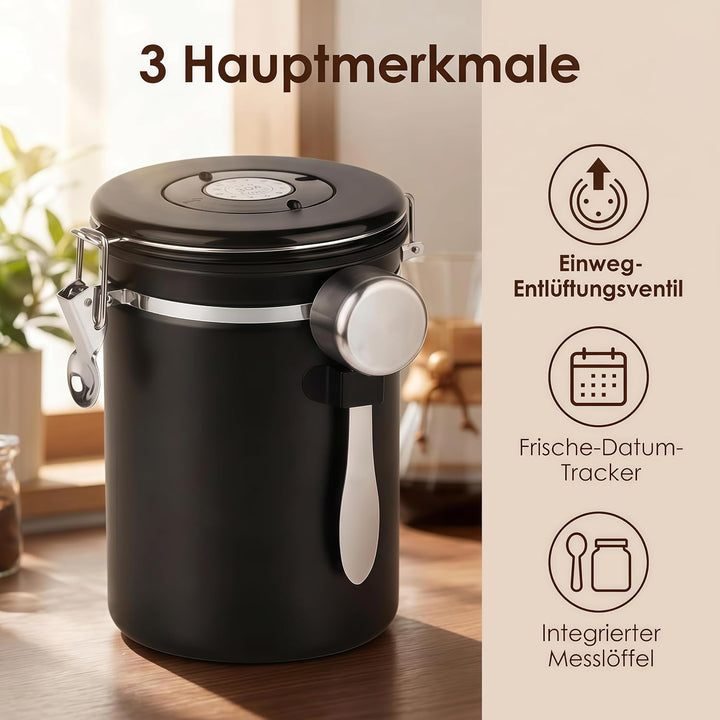 Kaffeedose Luftdicht 2,8 L Kaffeebohnen Behälter aus Edelstahl | Bohnen Luftdichte Vakuum Kaffee Dos