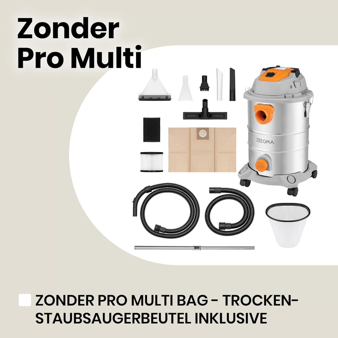 Zeegma ZONDER PRO Multi Nass Trockensauger, Industriestaubsauger 1600W für Asche, Behälter 25 L, Fil