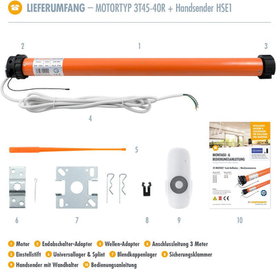 3T-MOTORS Funk-Markisenmotor 3T45-40R + HSE1 (Zugkraft 40 Nm/80 kg) für 78 mm Markisenwelle, zum Nac