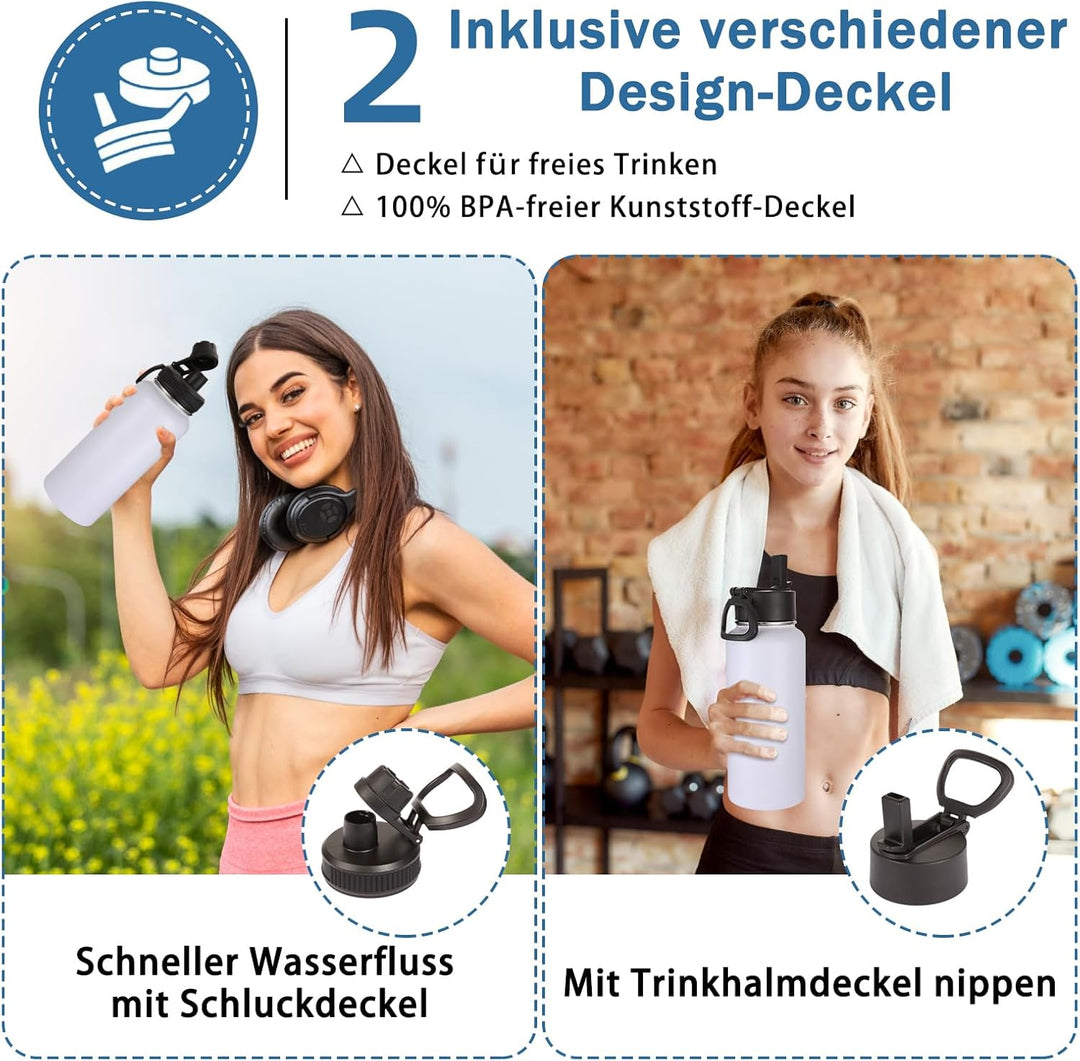 Volhoply 1 Liter Trinkflasche Edelstahl Zwei Packungen,Doppelwandig Vakuum Isolierte Thermosflasche