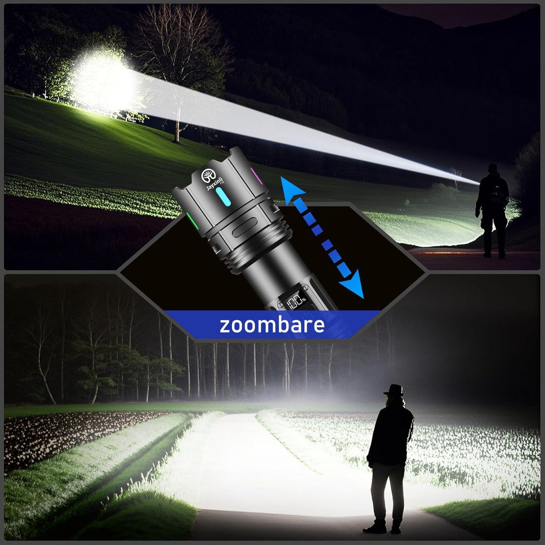 Jayxinli Taschenlampe LED Aufladbar 500000 Lumen, Extrem Hell, Starke, 5 Lichtmodi, Zoombar Mehrfarb