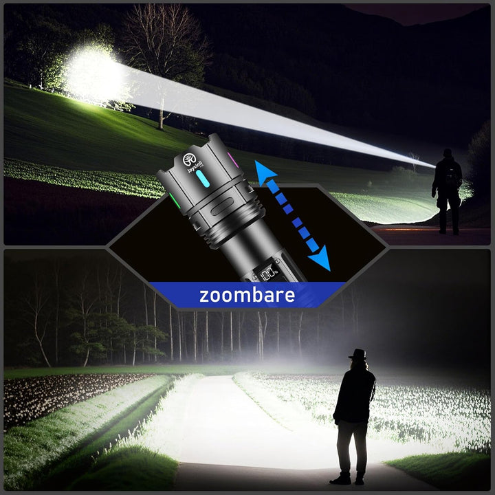 Jayxinli Taschenlampe LED Aufladbar 500000 Lumen, Extrem Hell, Starke, 5 Lichtmodi, Zoombar Mehrfarb