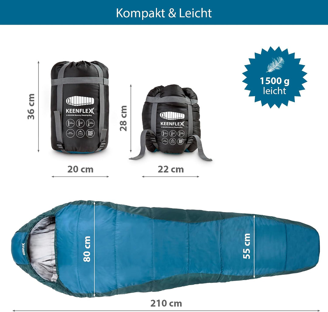 Schlafsack Outdoor 2-3 Jahreszeiten 950g/1500g Ultraleicht Mumienschlafsack kleines packmass Blau +7