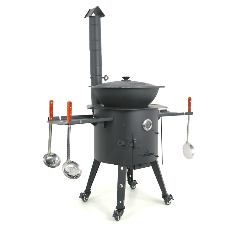 Utschak Feuerofen Ø 44cm mit Usbekisch Kazan Gusseisen 16L | Ablage Räder Adapter-Ring Schaumlöffel