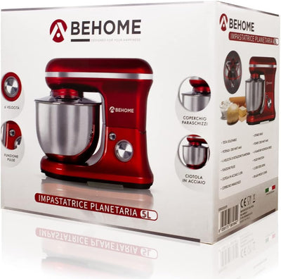 BEHOME Professionelle Knetmaschine, 1200 W, 5 l, 6 einstellbare Geschwindigkeiten, Pulse-Funktion, S