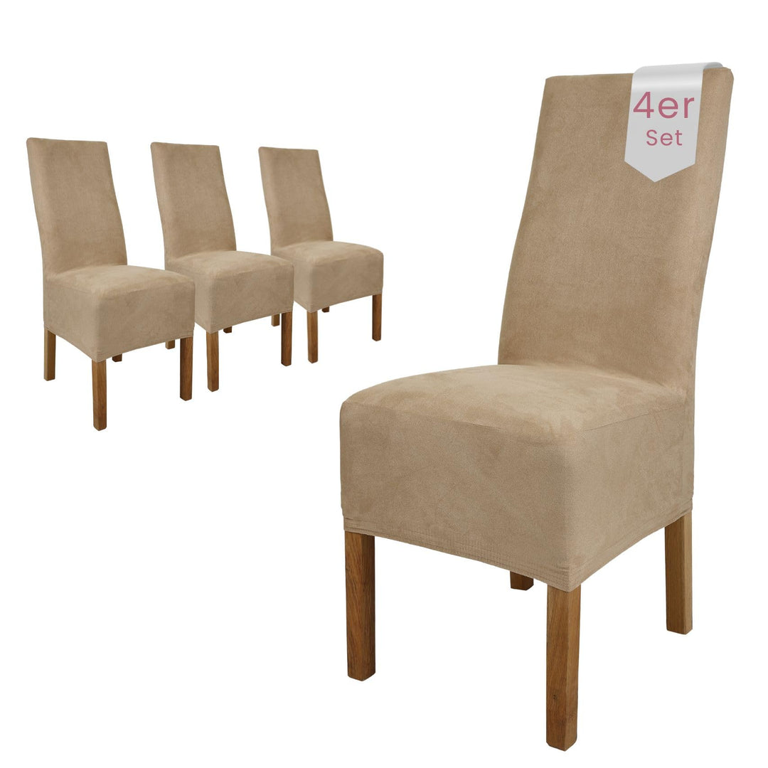 SCHEFFLER-Home Stuhlhussen 4er Set Leon Beige-Stein/elastische Wildleder Hussen für Stühle/Robustes