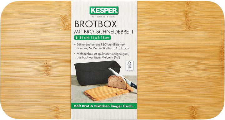 KESPER | Brotbox, Material: Melamin, Bambus, Masse: B: 34 x T: 18 x H: 14 cm, Farbe: Schwarz, Braun