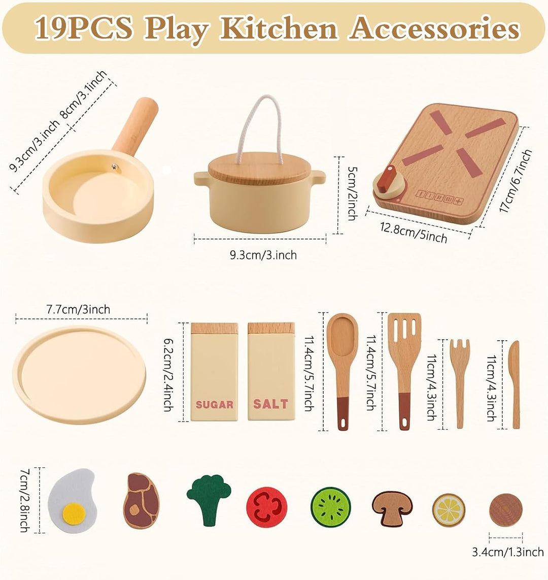 Topfset und Geschirr für Spielküche, Kinderküche Zubehör aus Holz, Küchenutensilien Pfanne Holzspiel