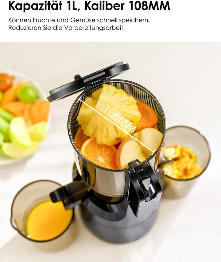 Fretta Entsafter,Slow Juicer mit 108MM Breite und Grössere Fütterungsröhre,Füllvolumen für ganze Gem