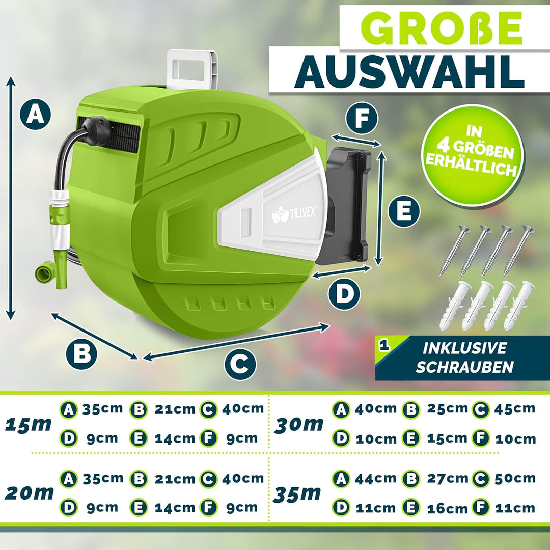 tillvex Schlauchtrommel Wasser mit Wandhalterung + Tragegriff | Schlauchaufroller mit Handbrause und