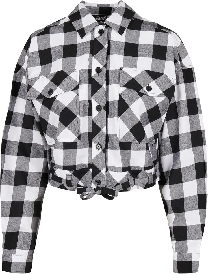 Urban Classics Damen Ladies Short Oversized Check Shirt Hemd 3XL Grosse Grössen Extra Tall Black/Whi