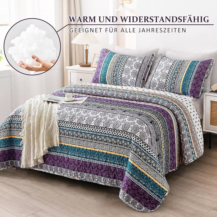WONGS BEDDING Tagesdecke 220x240 Bettüberwurf Boho Decke Steppdecke 3 Teilig Doppelbett Gesteppt Bet