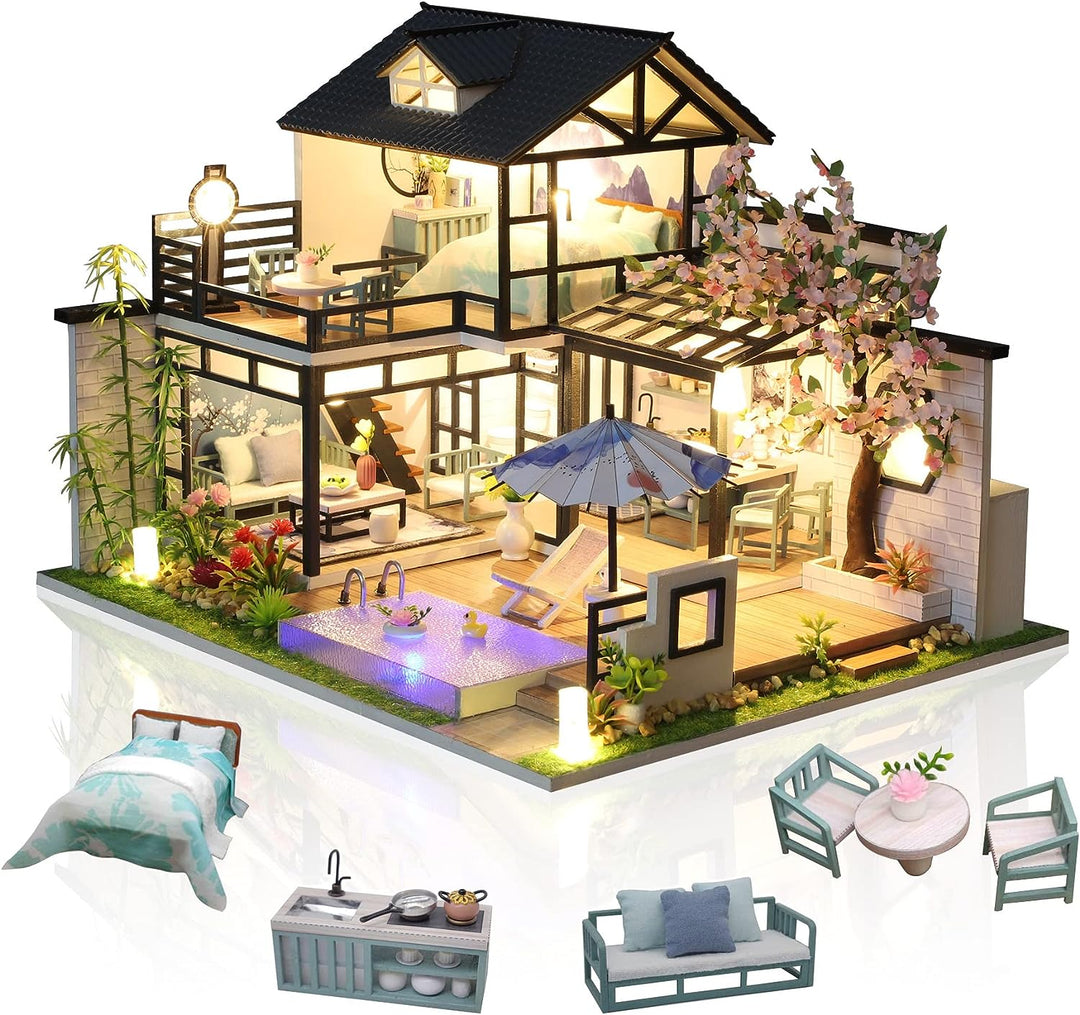 Cuteefun DIY Puppenhaus Miniatur Haus zum Selber Bauen für Erwachsene, Miniatur Puppenhaus Kit mit M