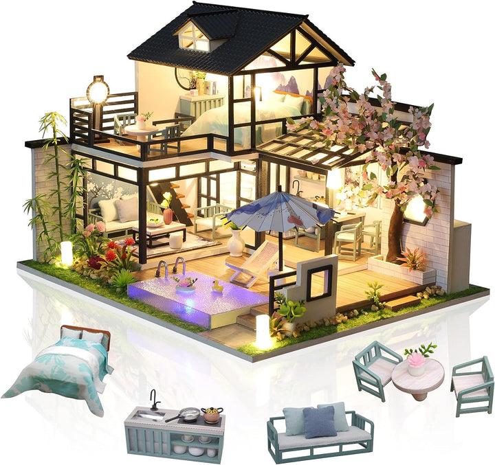 Cuteefun DIY Puppenhaus Miniatur Haus zum Selber Bauen für Erwachsene, Miniatur Puppenhaus Kit mit M