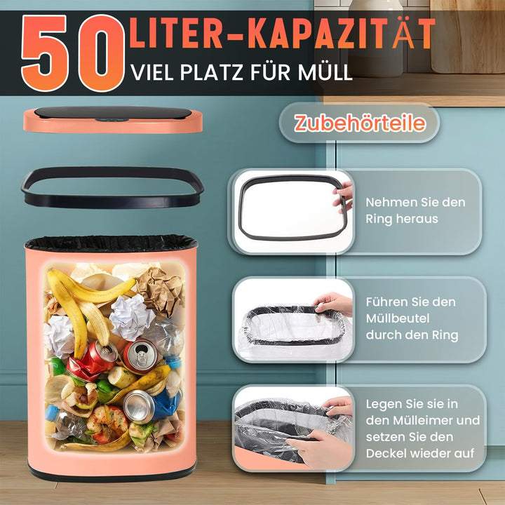 FDW Mülleimer mit Sensor & Deckel, Edelstahl, 50 L Küchenmülleimer, Smart, Automatisch, Berührungslo
