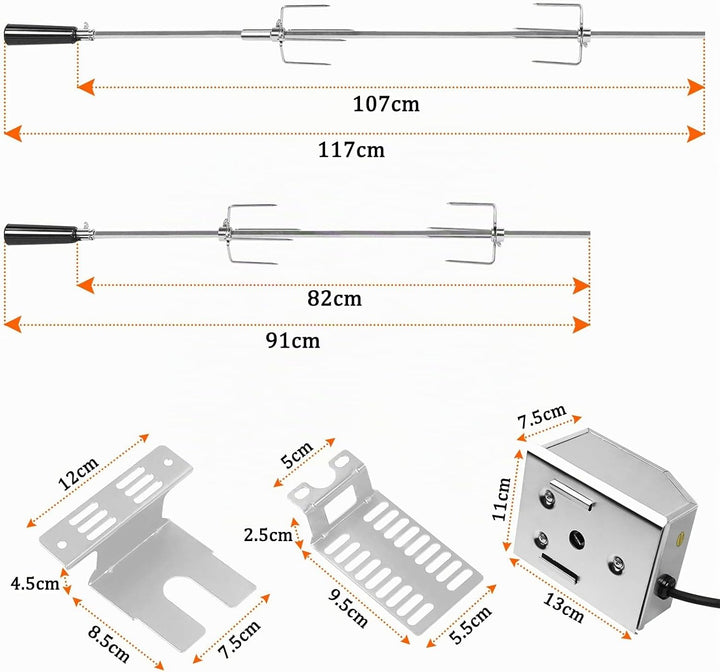 UISEBRT Grillspiess Set 107cm Edelstahl Drehspiess mit Motor, 220V - 240V, inkl. 2X Fleischnadeln El