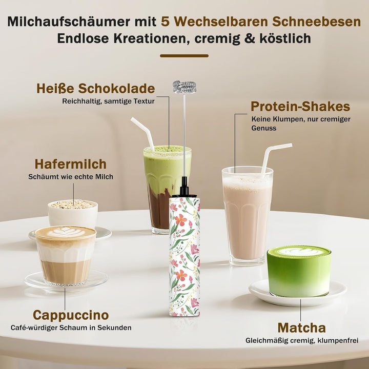 Milchschäumer Elektrisch USB-C mit 5 Wechselbaren Edelstahl-Schneebesen–2 Einstellbare Geschwindigke
