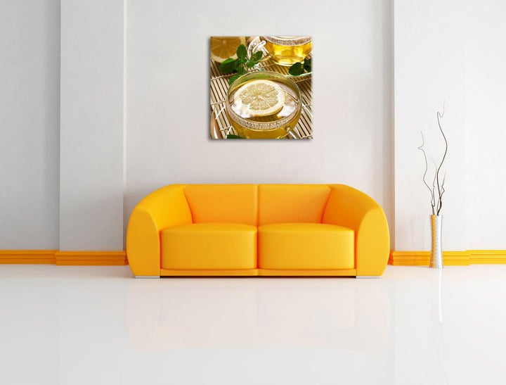 GrünerTee mit Zitrone, Format: 70x70 auf Leinwand, XXL riesige Bilder fertig gerahmt mit Keilrahmen,