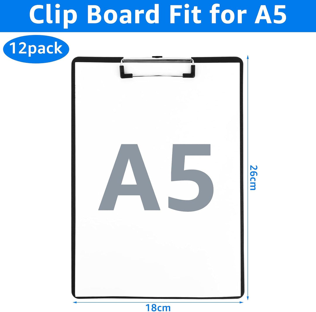12 Stück Kunststoff klemmbretter A5, Clipboard A5, Schwarz Klemmbretter mit Loch, Klemmbrett mit Kle
