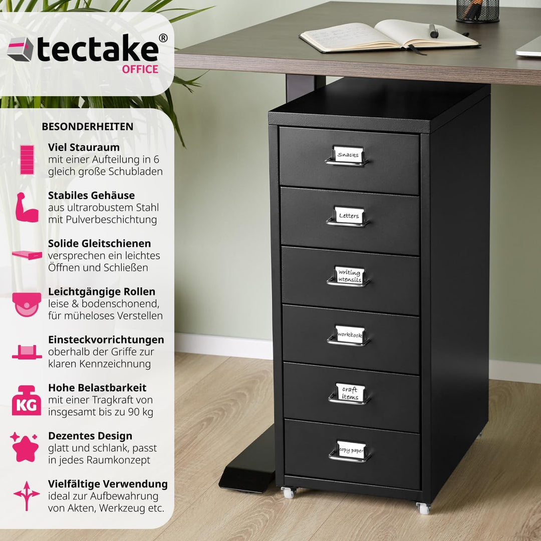 tectake® Metall Rollcontainer, Büromöbel für Schreibtisch, Büro Organizer mit 6 Schubladen, Schublad