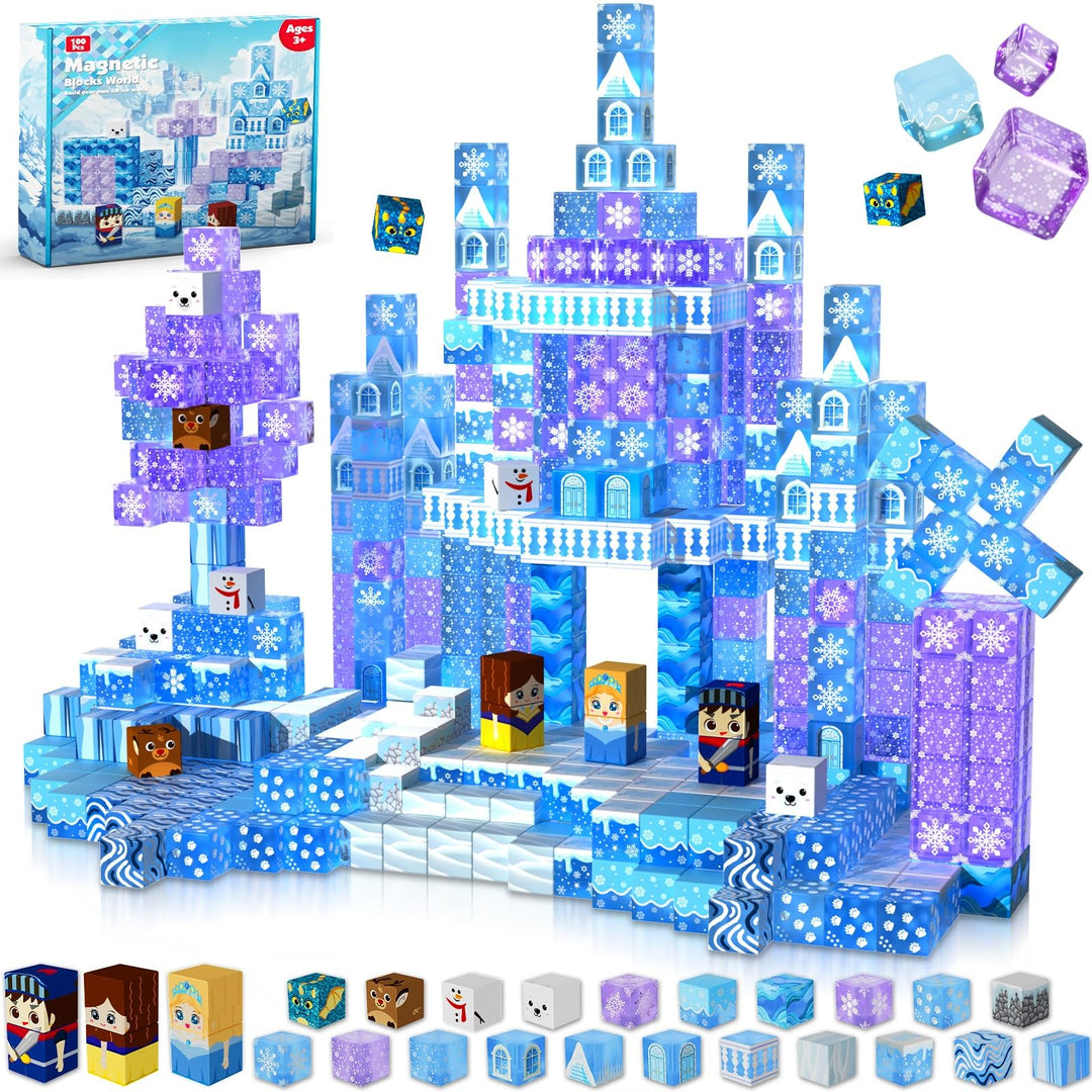 Magnetische Bausteine, 100 Pcs Magnetbausteine bauen einer eisblaue Zauberwelt, kreative Kinderspiel