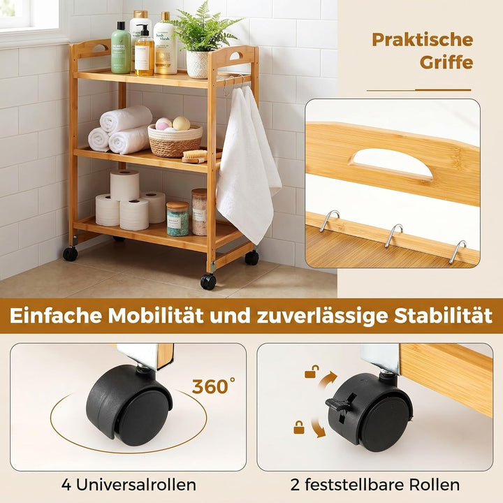 COSTWAY Servierwagen Bambus, Küchenwagen mit Rollen, Natur, 60 x 33 x 72 cm