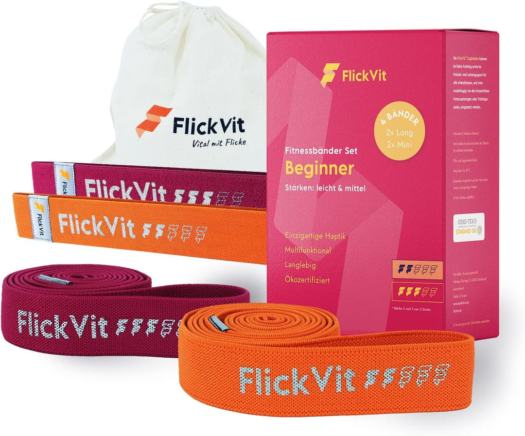FlickVit Fitnessbänder 4er Set- Beginner (2 & 3) inkl. Tragebeutel, Fitnessband Stoff, Klimmzugband,