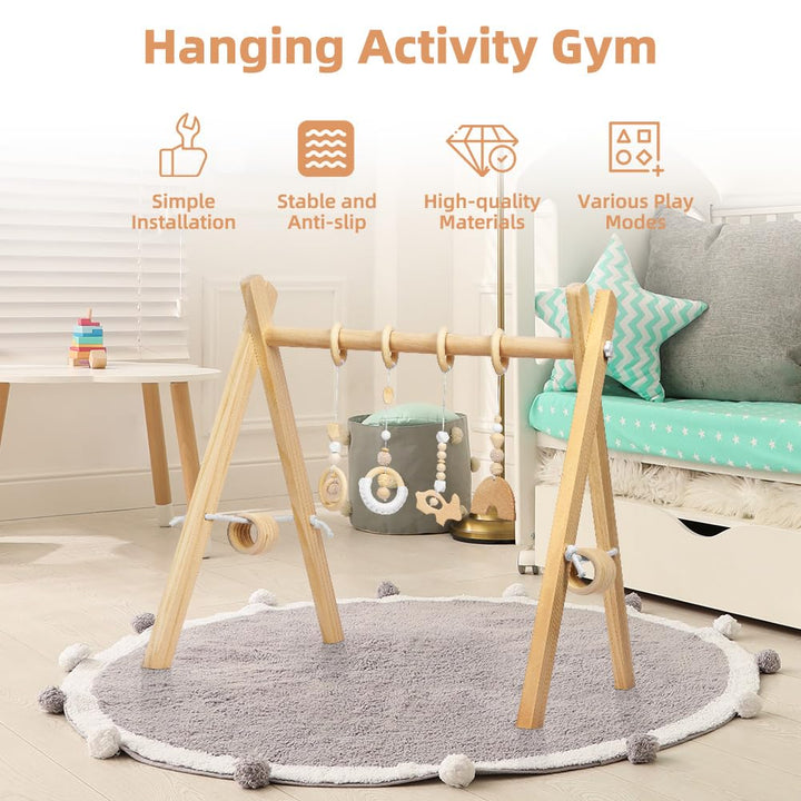 Vicloon Spielbogen Baby Holz, Spieltrapez Baby Spielsachen mit Activity Holz-Spielzeug, Spielbogen T