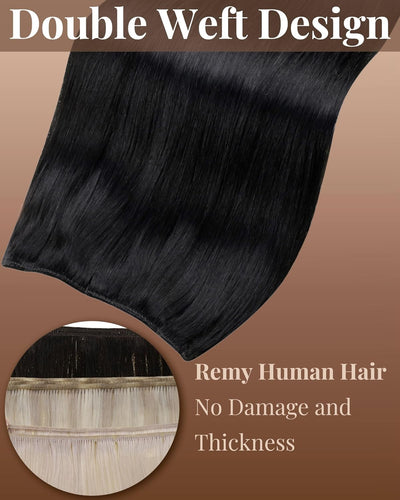 Hetto Extensions Tressen Echthaar Sew in Echthaar Tressen Extensions 40cm Schwarz Tressen Extensions