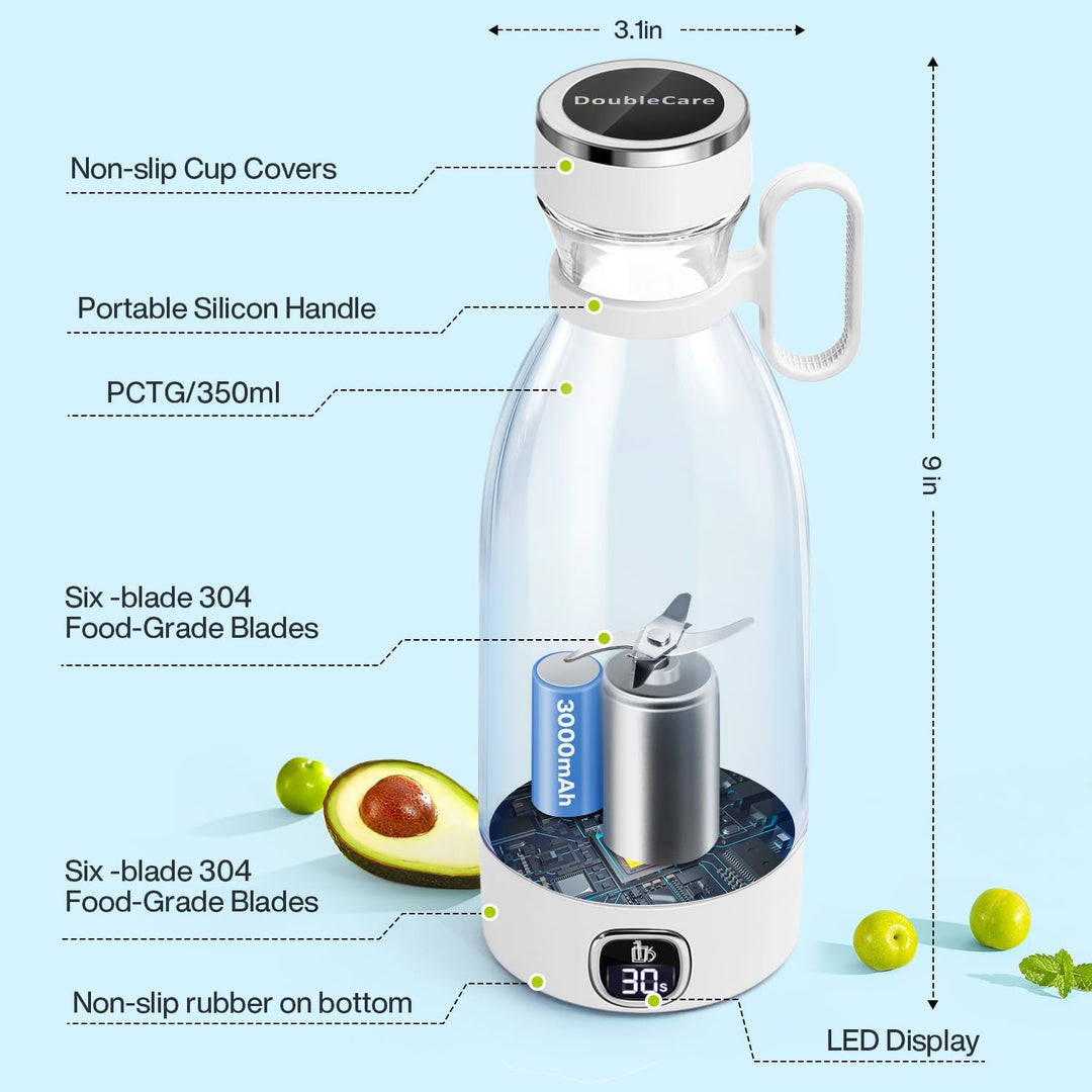 DoubleCare Tragbarer Mixer, 6-Klingen-Elektrischer Mini-Mixer mit Led-Anzeige, 350 ml Minimixer für