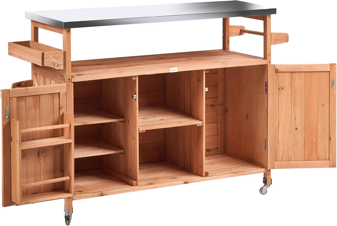 Beliani Outdoor Kücheninsel Tannenholz Edelstahl Hellbraun Rollen 128x47x85 cm Scanno