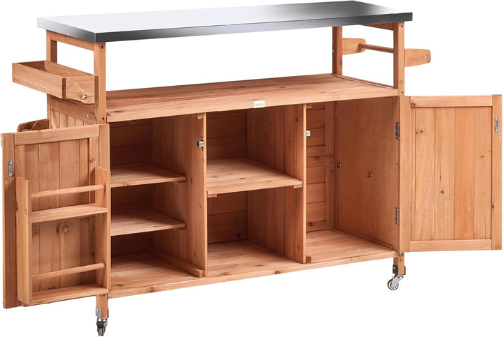 Beliani Outdoor Kücheninsel Tannenholz Edelstahl Hellbraun Rollen 128x47x85 cm Scanno