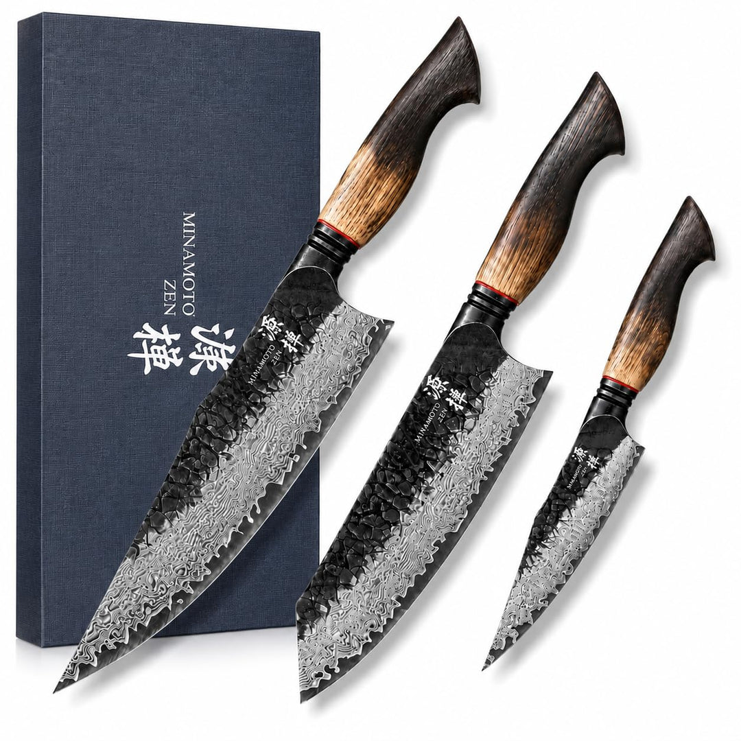Okami Damastmesser Set (3-teilig) – Echter 67-Lagen-Damaststahl aus VG10 – Japanische Premium-Schmie