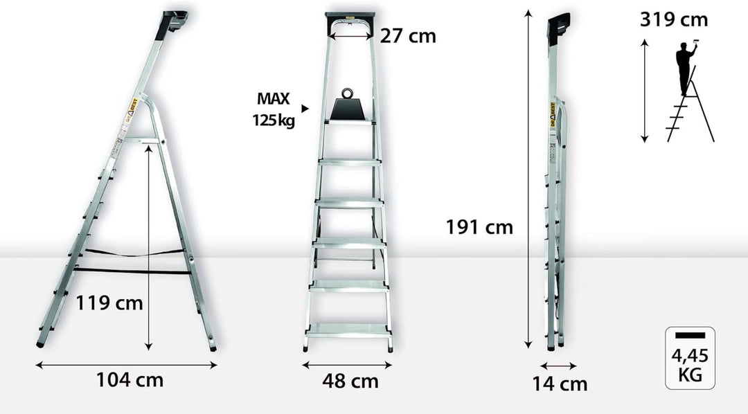 Drabest - Haushaltsleiter - Stehleiter - 6 Stufen - Arbeitshöhe 3,19m - Klappleiter aus Aluminium, m