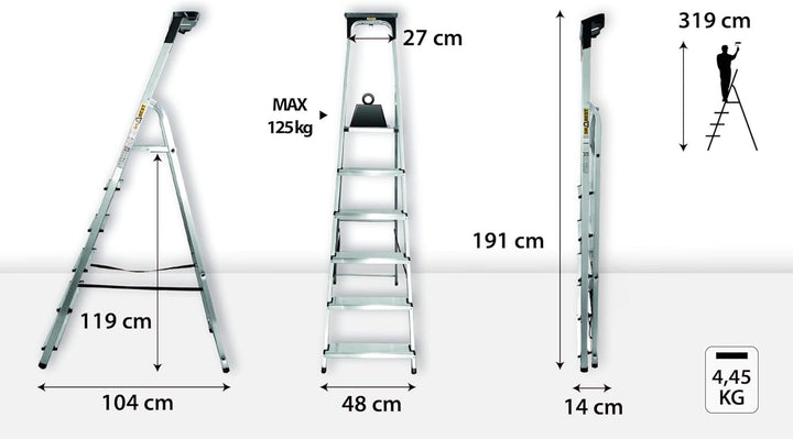 Drabest - Haushaltsleiter - Stehleiter - 6 Stufen - Arbeitshöhe 3,19m - Klappleiter aus Aluminium, m