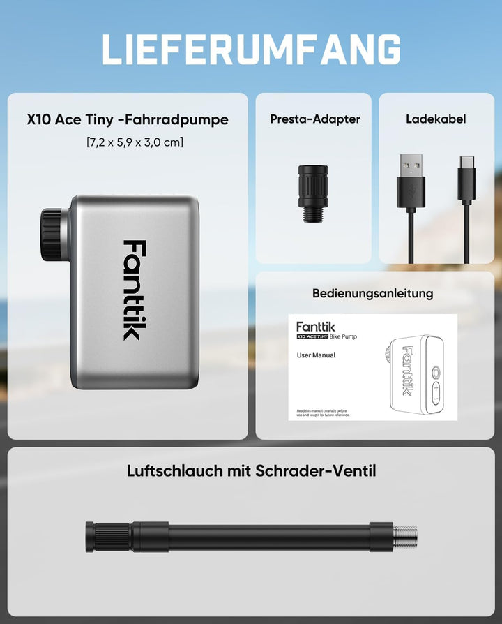 Fanttik X10 Ace Tiny Fahrradpumpe, Mini Elektrische Fahrradluftpumpe | digitaler Manometer, Auto-Sto
