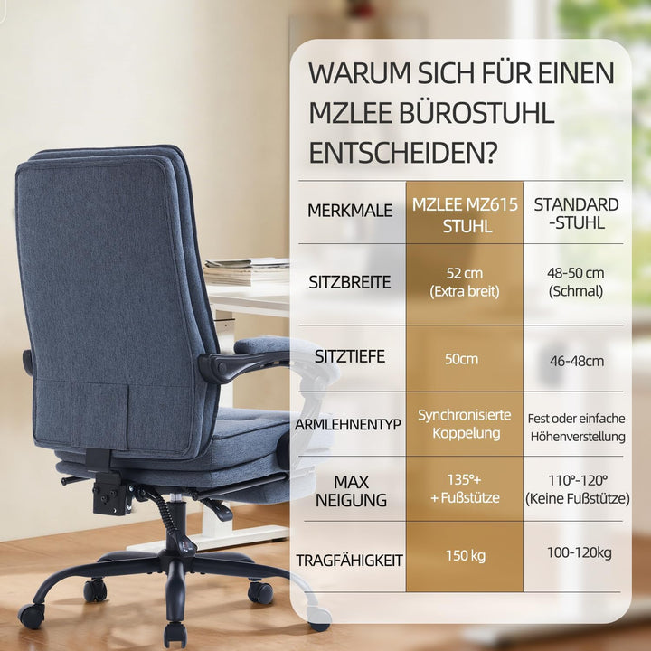 MZLEE Bürostuhl ergonomisch, Schreibtischstuhl mit Fussstütze, 90-135° neigbar Drehstuhl, Höhenverst