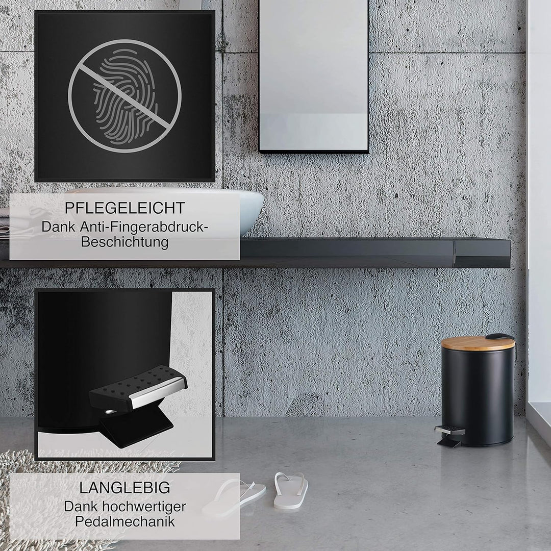 VMbathrooms 3L Kosmetikeimer in edlem schwarzem Design | Tretmülleimer mit Absenkautomatik (Soft Clo