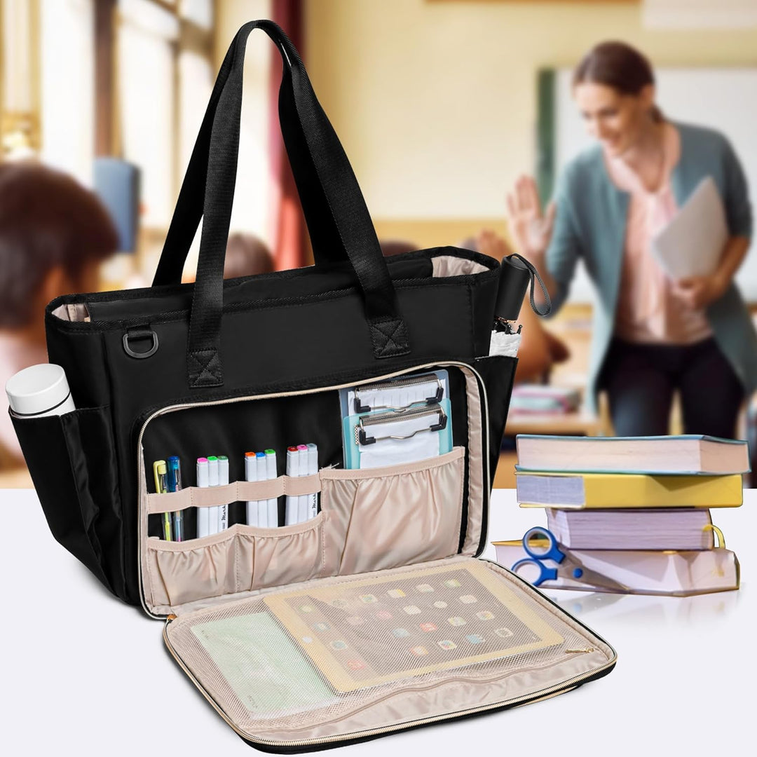 Fasrom Lehrertasche mit Laptopfach, Lehrer Arbeitstasche für Frauen, Schwarz, Schwarz
