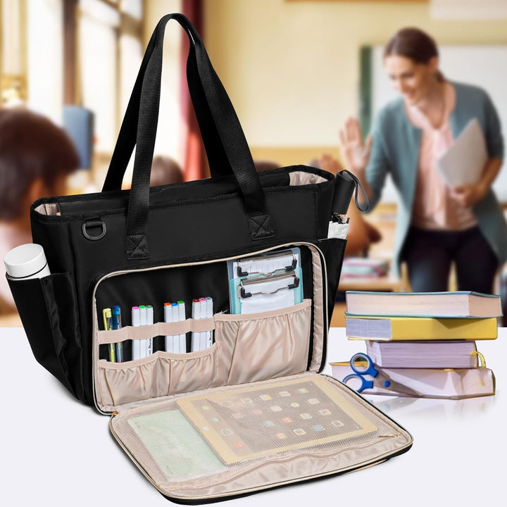 Fasrom Lehrertasche mit Laptopfach, Lehrer Arbeitstasche für Frauen, Schwarz, Schwarz