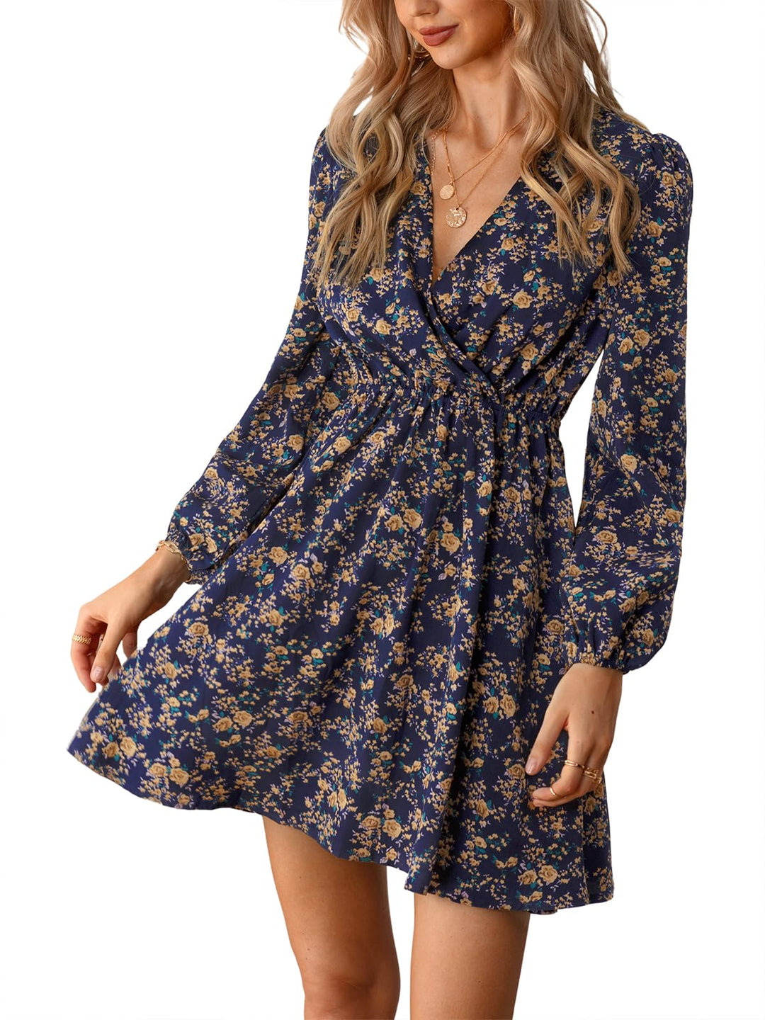 CUPSHE Damen Kleid V Ausschnitt Langarm Wickeloptik Blümchenkleid Freizeitkleider Wrap Mini Dress, M