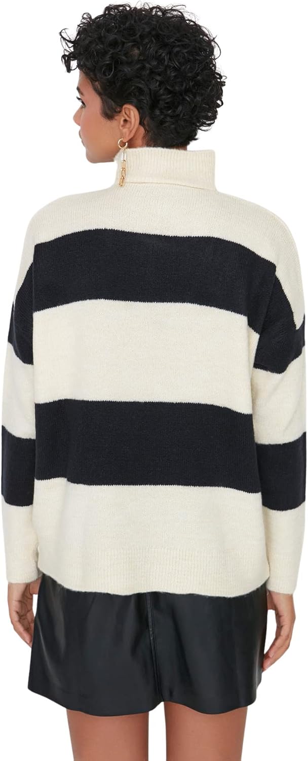 TRENDYOL Damen Stehkragen Gestreift Oversize Sweater Sweatshirt M Grau, M Grau