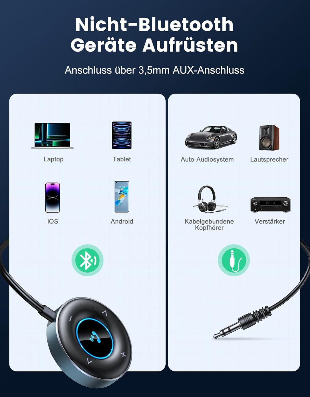 Aux Bluetooth Adapter Auto, [Plug & Play] Bluetooth 5.3 Empfänger Klinke 3.5mm, Freisprechanrufe, Du