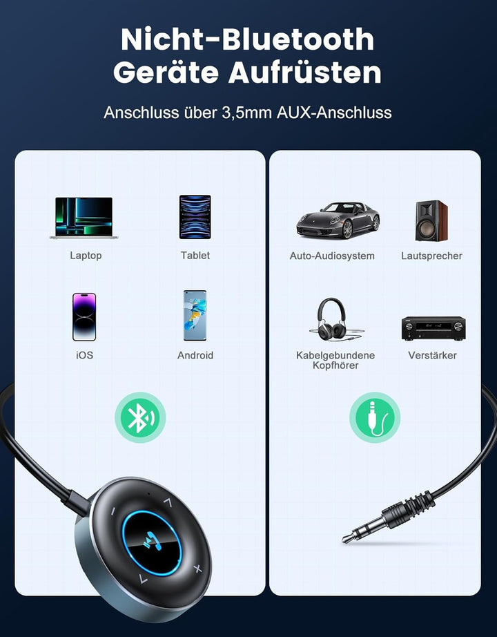 Aux Bluetooth Adapter Auto, [Plug & Play] Bluetooth 5.3 Empfänger Klinke 3.5mm, Freisprechanrufe, Du