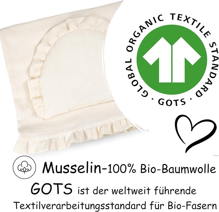 PinkZebra GOTS Musselin-Bettwäsche mit Rüschen für Babys, Set Babybettwäsche: weiches Flachkissen +